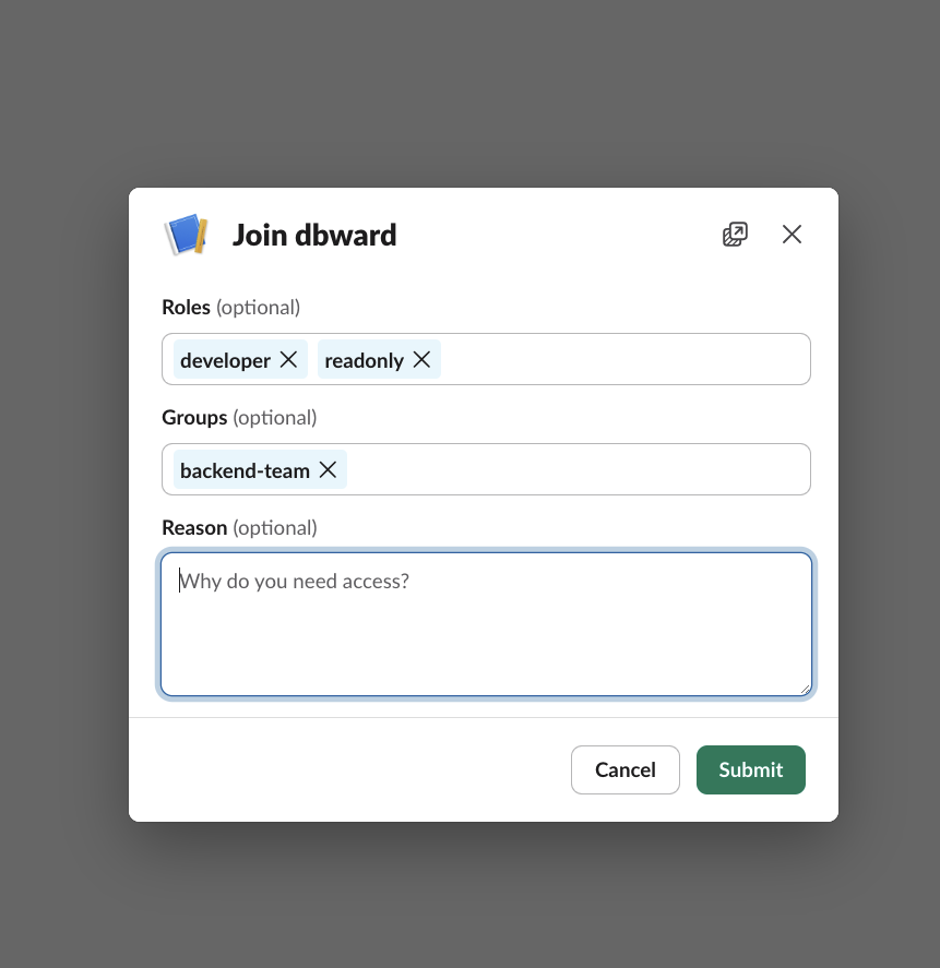 Onboarding modal — new member selects a role and group